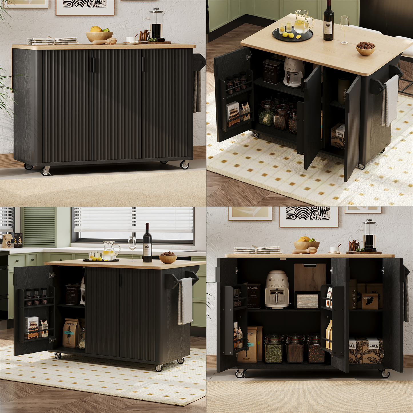 K&K 51   Fluted Kitchen Island With Drop Leaf, Farmhouse Accent Kitchen Island On Wheels With Internal Storage Rack, Rolling Kitchen Cart With Towel Rack For Kitchen, Dining Room, Black Ash