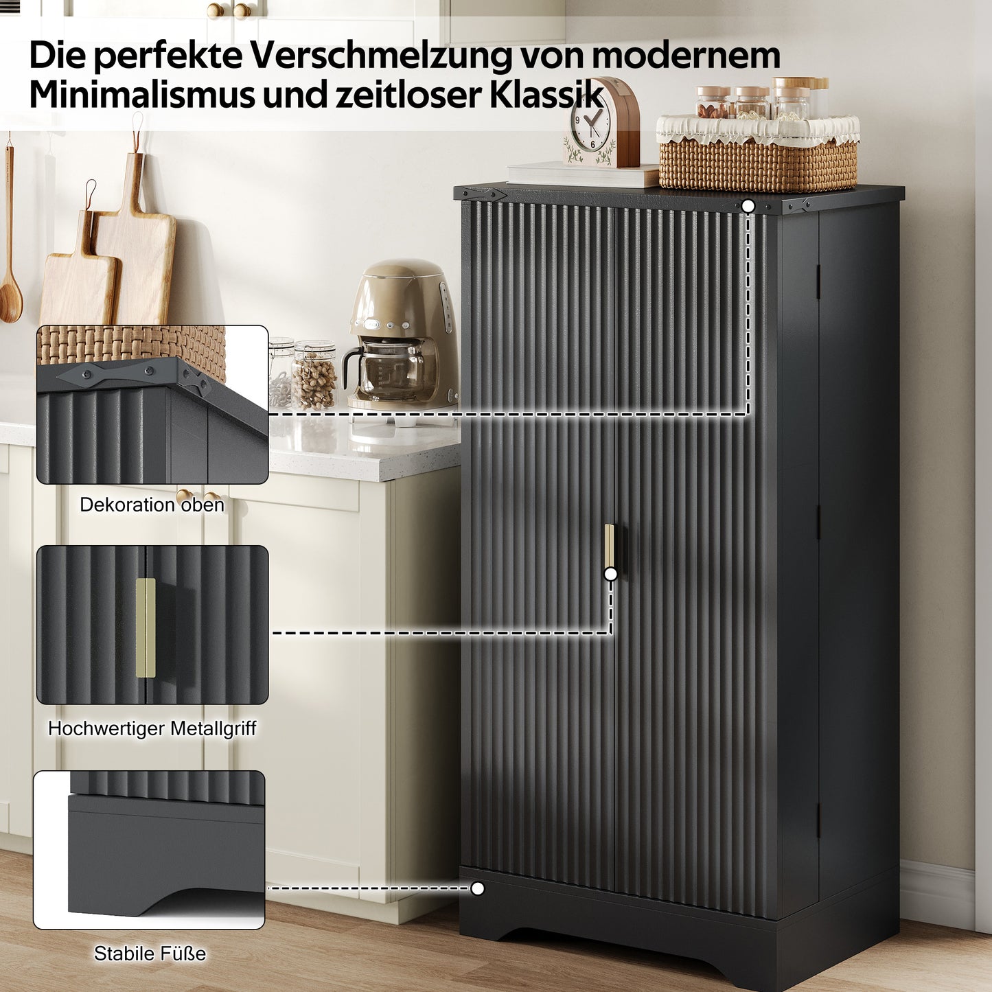 Kitchen Cabinet With LED Sensor Light And Spice Rack, Generous Double Door Cabinet With Adjustable Shelves And Modern Door Design  Black, 120 X 60.5 X 40 Cm