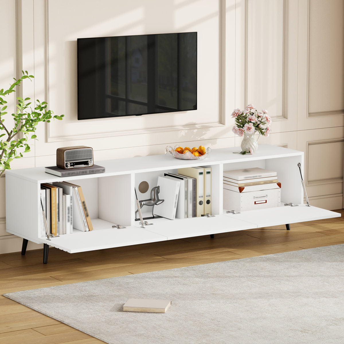 180 X 40 X 48 Cm TV Cabinet With 3 Hinged Doors, Lowboard, TV Stand, Cabinet, Living Room Cabinet, Printed Design, White, Suitable For TVs Around 80 Inches, Large Storage Space, Made Of MDF Material.