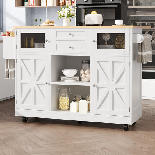 Kitchen Island, Dining Cart With Worktop, Buffet Cabinet, Wood-Grain Dining Cart, Side Towel Rail, Three-Dimensional Cabinet Doors With Casters, Adjustable Dividers, White
