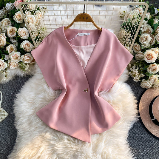 Niche-design Irregular Fashion Single-button Waist-cinching V-neck Top