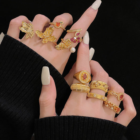 Niche Gold Vintage Brushed Retro Ring For Women, Zircon Inlay Luxury Exquisite Temperament Personalized Accessories