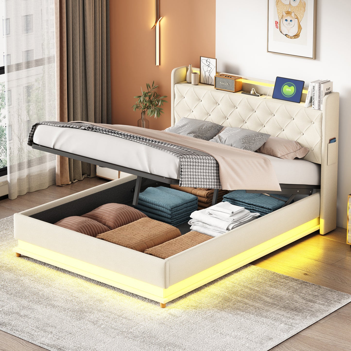 LED Upholstered Bed 140x200 Cm With USB Charging Port And Hydraulic Storage, Skin-friendly Linen Fabric Beige