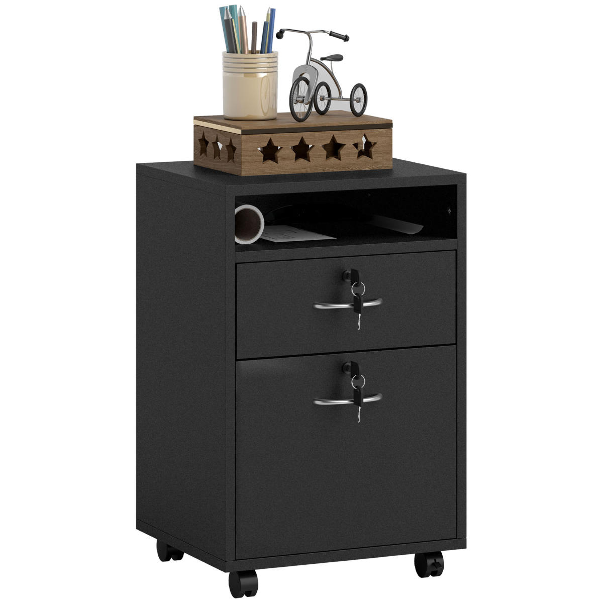 60cm Filing Cabinet With Drawer, Open Shelf, Metal Handles And 4 Wheels, Office Home Organiser Mobile Printer With Two Locks, Black