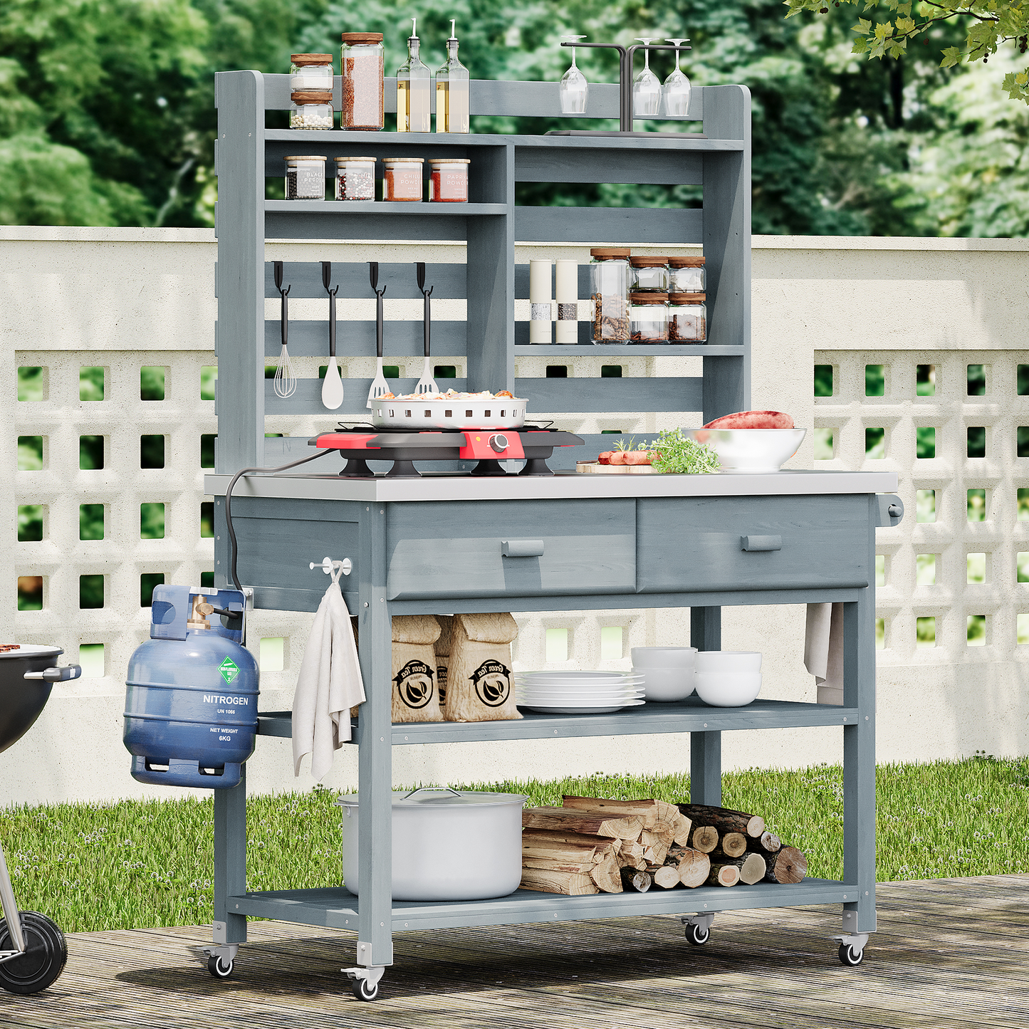K&K 64.9 H Outdoor Potting Bench Table With Lockable Wheels, Solid Wood Outdoor Kitchen Island With Upper Hutch, Stainless Steel Top, Towel Rack ,Outdoor Storage For Grilling, Lawn Garden  Grey Blue