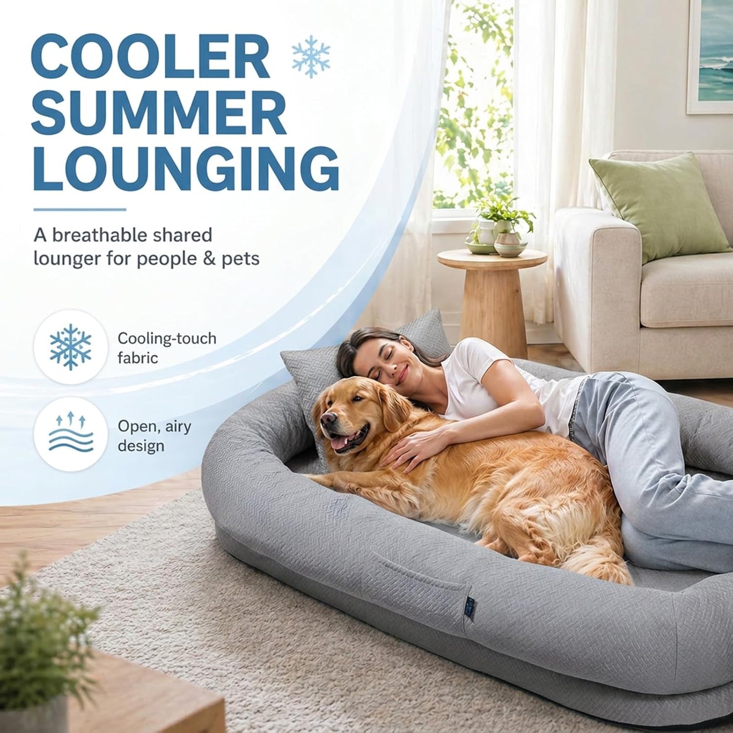 Cooling Human Dog Bed For Adults & Pets, Breathable Washable Floor Lounger, 72 In X 41 In X 12 In, Glacier Grey, Perfect For Summer Relaxation