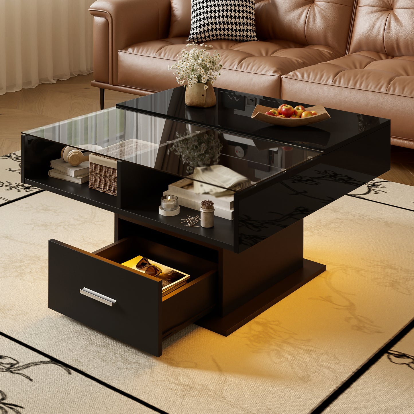 Multifunctional High-gloss Lift Coffee Table With LED Lighting, Adjustable Height & Flexible Storage Space  Modern Design For Living Room, Office & Small Apartments