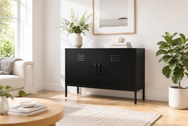 Black 2-Door Wide Metal Storage Cabinet W Legs & Vent, Low Side Cupboard For Home Office Dining Living Room