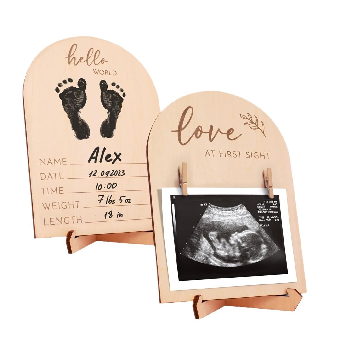 Double Sided Wooden Ultrasound Picture Frame, Love At First Sight Sonogram Photo Holder With Clips, Hello World Baby Birth Stats Announcement Sign, Newborn Footprint Keepsake Frame, Pregnancy Gift For