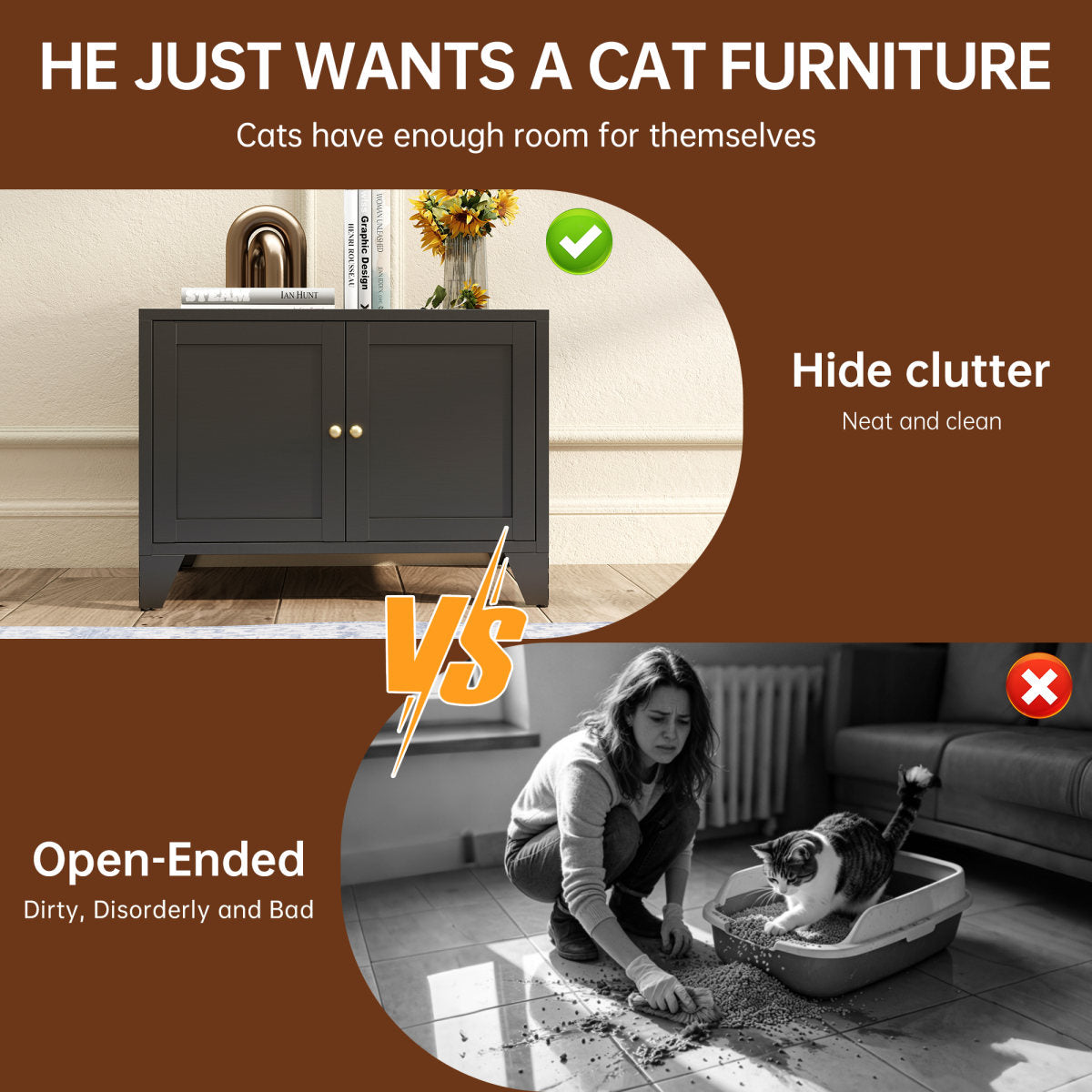 Metal Cat Litter Box Enclosure, Modern Hidden Litter Box Furniture Indoor Pet House, Freestanding Cat Washroom Cabinet Fits Most Standard Litter Boxes, Black Decorative Pet Side Table For Home