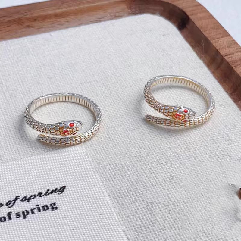 1pc 999 Sterling Silver Gold-Plated Enamel Peach Blossom Snake Open Ring, Retro & Elegant Style, Perfect For Daily, Dating & Gifting, Ideal Valentine's Gift