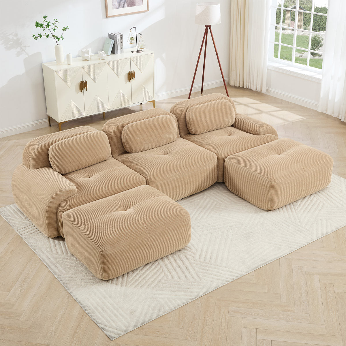 U-shaped Modular Sofa PremiumCorduroy Fabric Fabric No Assembly Anti-slip Design Pet-friendly Extra-wide Curved Armrests 32D High-resilience Sponge For Living Rooms Bedrooms Studie,Camel