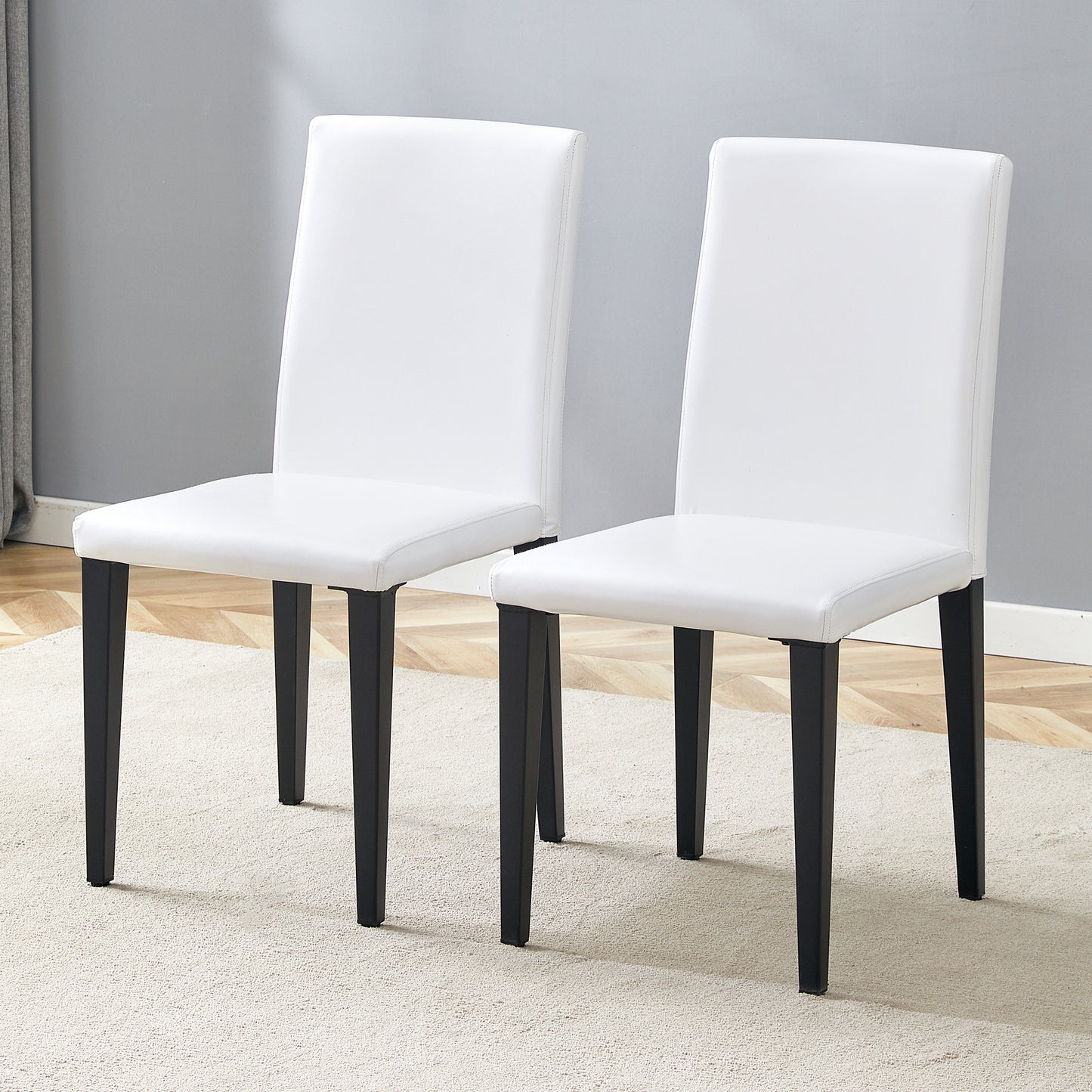 Set Of 2 White PU Dining Chairs 35.4in High, 18.5in Ergonomic Backrest, 17in X 16in Sponge Seat, Perfect For Dining Room, Home Office & Living Space, Stylish & Comfortable.Black Metal Leg.