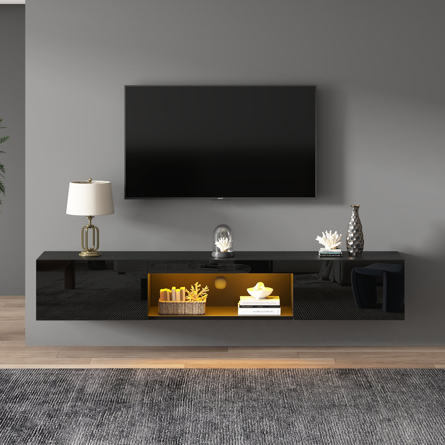 160x31x22cm High Gloss Hanging Cabinet,TV Stand And TV Cabinet With LED Lighting, Lowboard, TV Table,TV Board, TV Dresser,Wall Mounted TV Stand, For 70 Inch TV, 35kg Carrying Capacity, Black