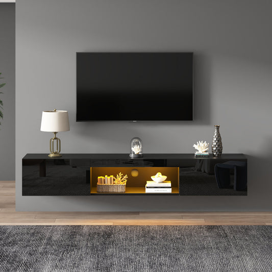 160x31x22cm High Gloss Hanging Cabinet,TV Stand And TV Cabinet With LED Lighting, Lowboard, TV Table,TV Board, TV Dresser,Wall Mounted TV Stand, For 70 Inch TV, 35kg Carrying Capacity, Black