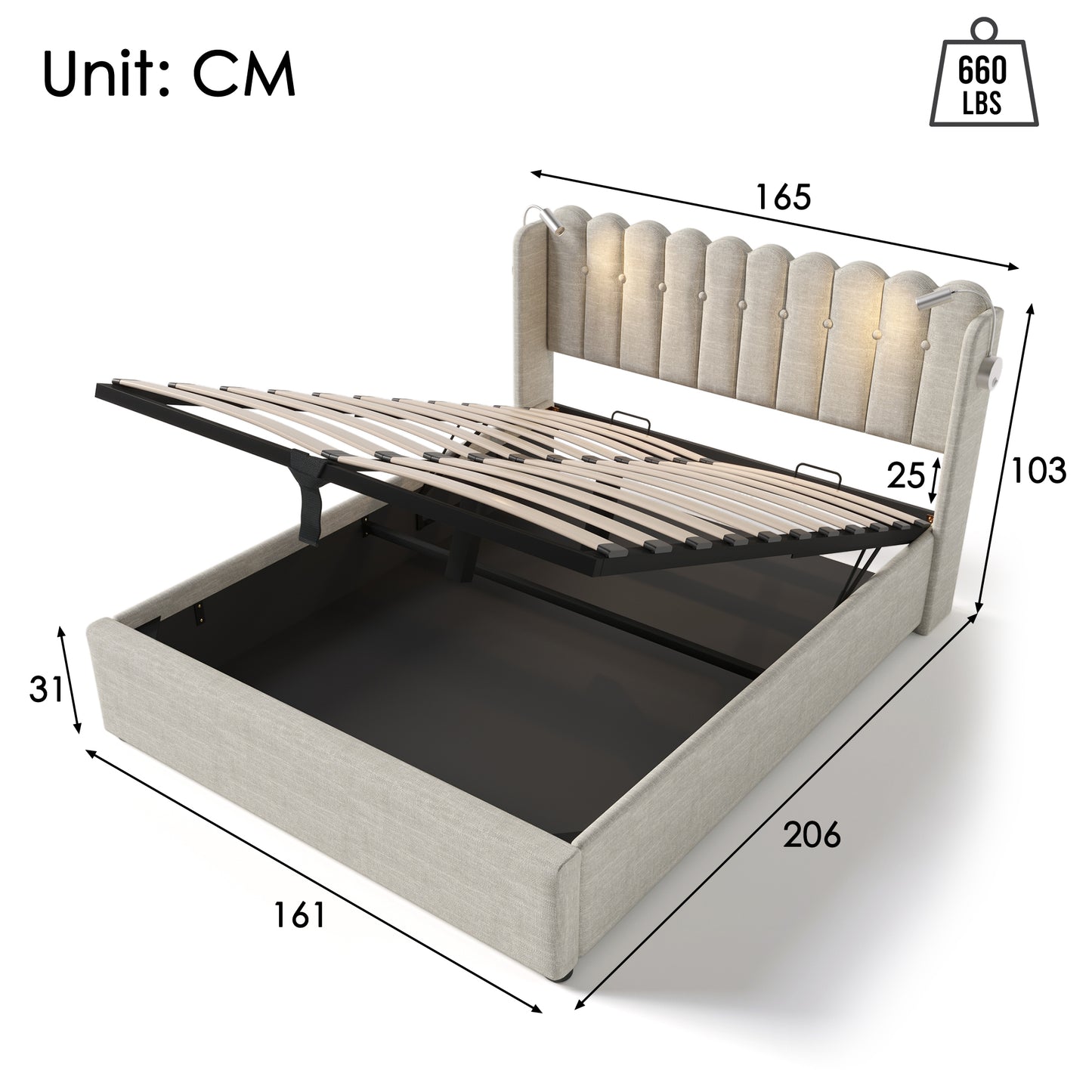 Upholstered Bed Double Bed Reading Light With Charging Function Head Part Storage Bed Frame Linen Material Youth Bed 160x200 With Slate Rust,Of Course Without Mattress