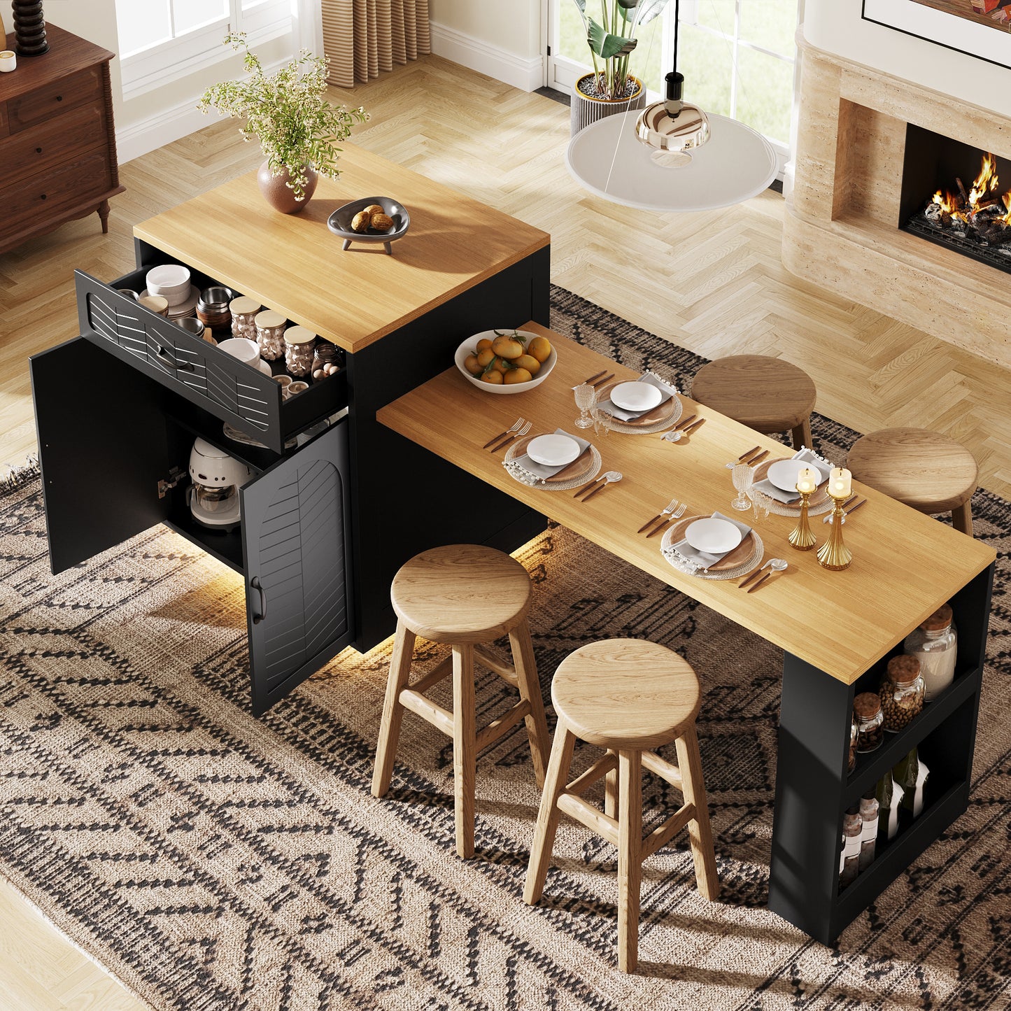 Extendable Kitchen Island With Dining Table, Multifunctional Storage Cabinet With Drawers, Doors, Wine Rack & LED Light, For Kitchen & Dining Room