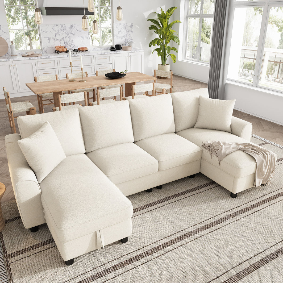 Modern Luxury Chenille U-Shaped Sectional Sofa With 2 Storage Chaise Lounges, 2 Square Cushions, Comfy Couch For Living Room, Beige, 272 X 131.5 X 84 Cm