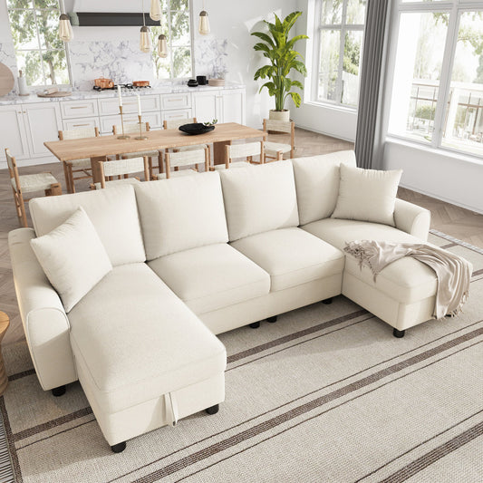 Modern Luxury Chenille U-Shaped Sectional Sofa With 2 Storage Chaise Lounges, 2 Square Cushions, Comfy Couch For Living Room, Beige, 272 X 131.5 X 84 Cm