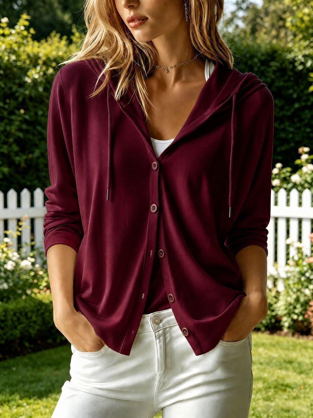 Fashion Women's Solid Color Hooded Long Sleeve Button Down Loose Cardigan