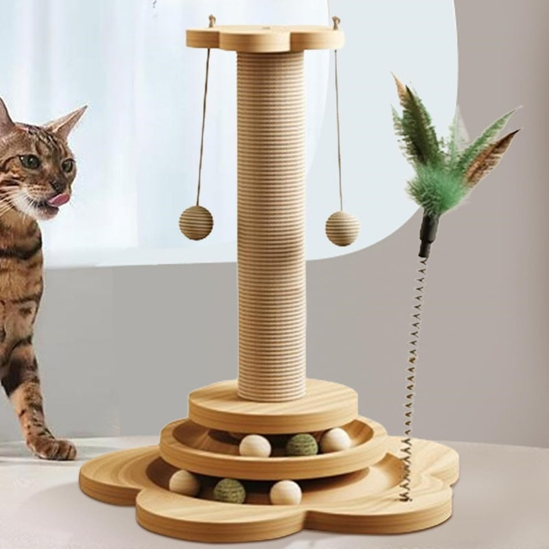 Pet Cat Toy Solid Wood Cat Turntable Funny Cat Stick Balls Durable Sisal Scratch