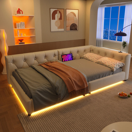 WX001033AAA Sofa Bed, Daybed, Daybed, 90x200cm, Sofa Bed With Slatted Base  Without Mattress , Ambient Lighting With Remote Control, Headboard With Button Tuft, Usb Type-c, Linen, Beige