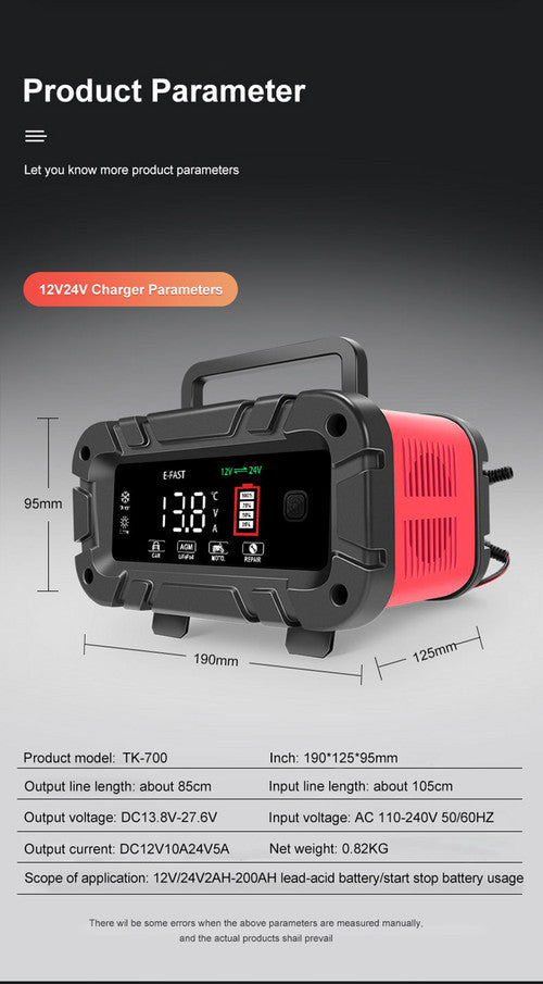 12v-20A 24v-10A Smart Battery Charger Lifepo4 Lead-Acid Agm-Gel Trickle Charger Battery Maintainer For AGM Lithium Motorcycle Boat Caravan Batteries 19x12.5x9.5cm Red
