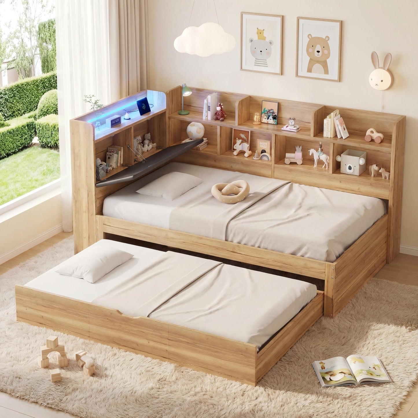 Children's Bed, Storage Bed 90x200 With LED Lighting, USB Charging Ports And Pull-out Bed 90x190cm, Daybed, L-shaped Wooden Bed, Daybed With Shelves, Natural Colour