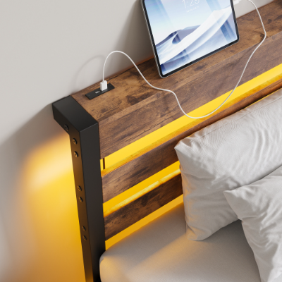 Twin Size Bed Frame Heavy Duty Platform Bed Frame With Headboard, USB Charging Station, LED Bed, No Box Spring Needed, Mattress Foundation, Strong Steel Slats, Noise Free, Brown