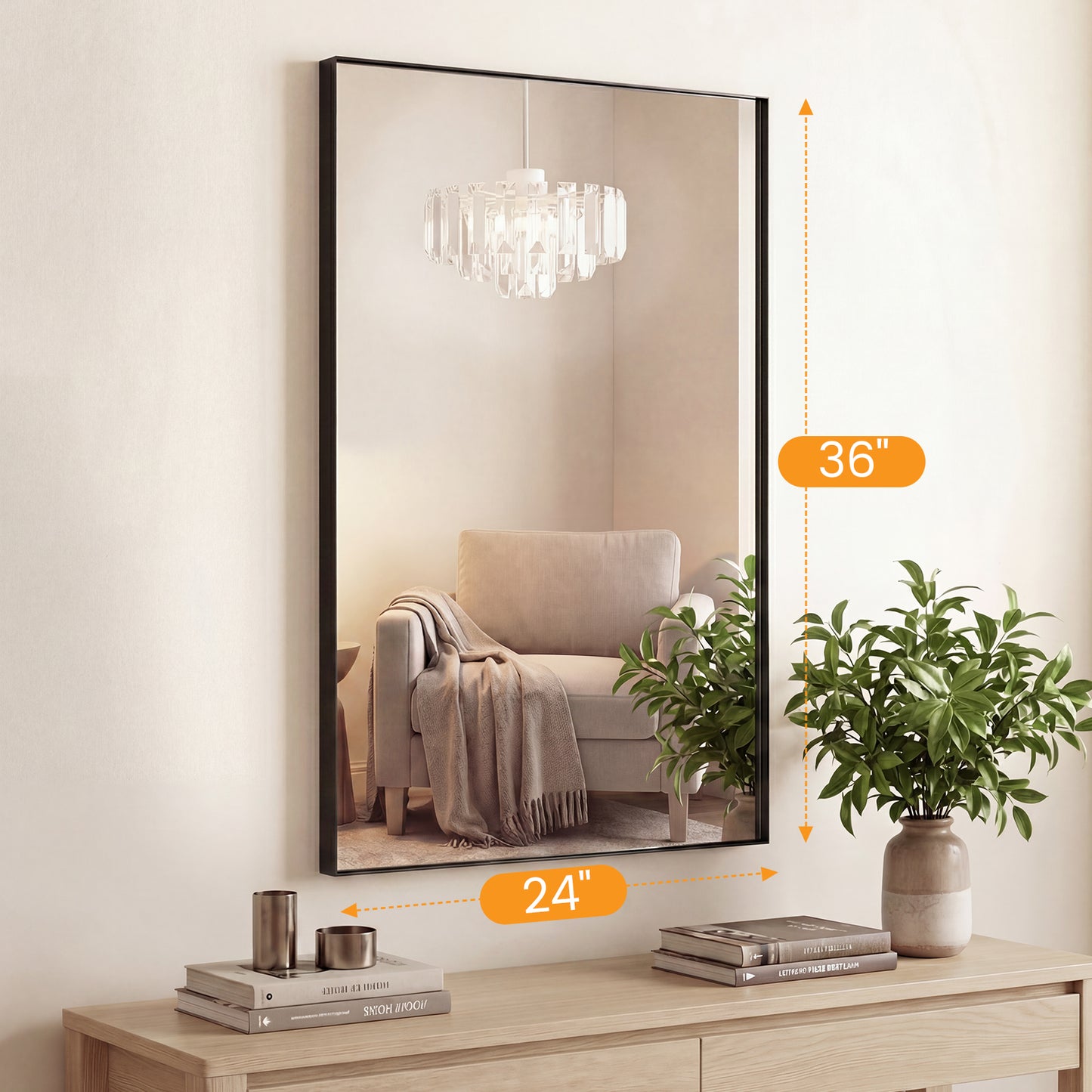 Bathroom Mirror, With Brushed Aluminum Frame, Rectangular Design, Square Corners At All Four Sides, Suitable For Wall Decoration In Home.