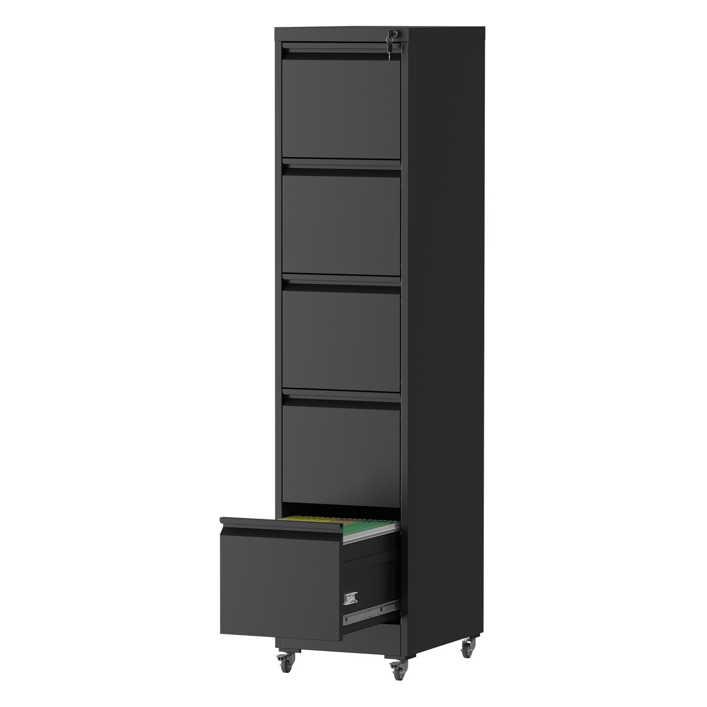 5 Drawer Metal Vertical File Cabinet With Lock On Wheels For Home Office,Heavy Duty Metal Storage Cabinet For A4 Letter Legal Size Files, Black, 17.71 Dx15.16 Wx64.17 H