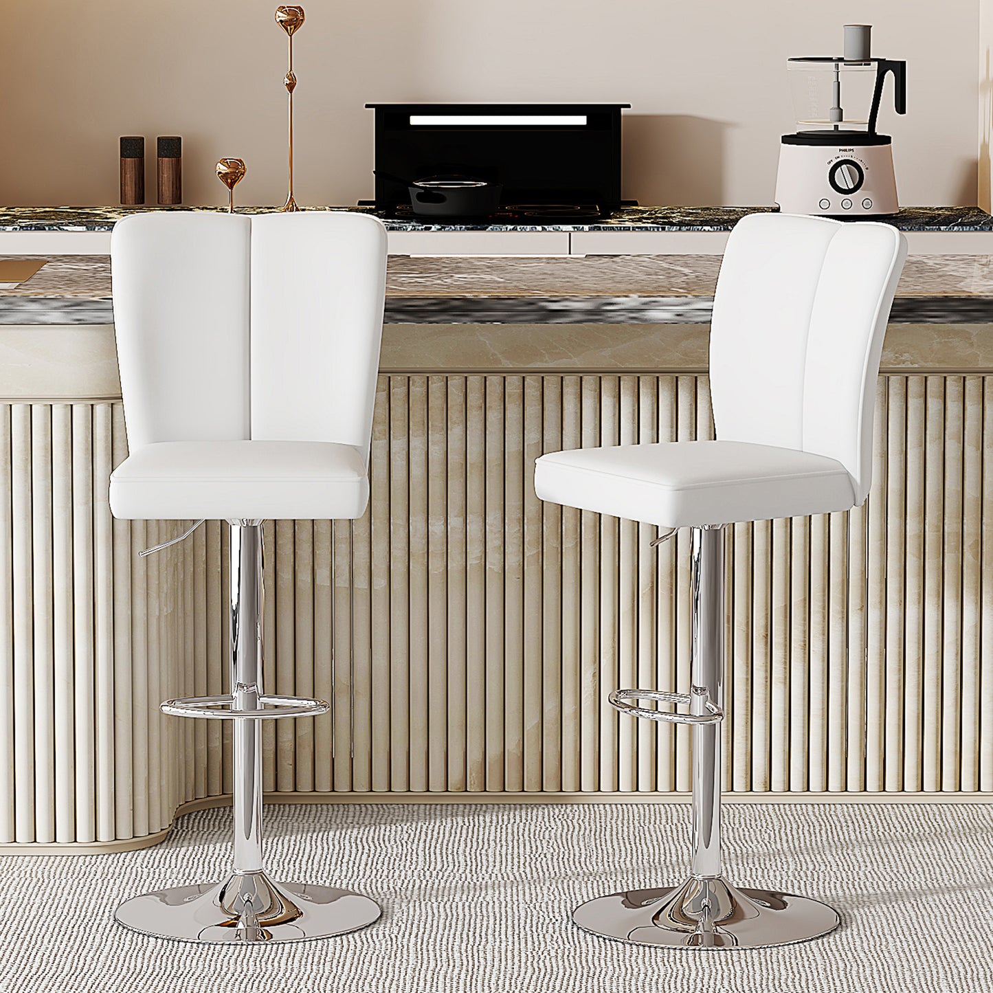 Height-adjustable Bar Stool In A Set Of 2, Can Be Rotated 360 . Luxurious Bar Stool In Silver And White Design Made Of Water-repellent PU Leather, Suitable For Kitchen Islands. Various Colors Availabl