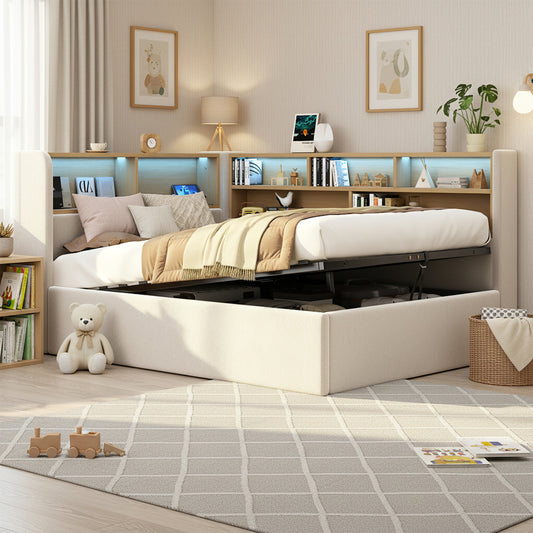 Daybed, L-shaped Upholstered With Storage Compartment, Sofa Bed With Storage, LED, USB Charging Port, 3FT Single Bed 90x190cm, Hydraulic Storage Bed Frame, Velvet, Beige