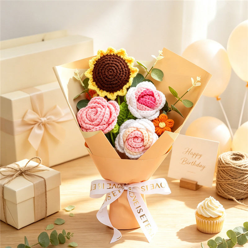 Handmade Crocheted Flower Bouquet, Sunflower Matched With Gradient Pink Roses And Tiny Orange Flowers, Soft Yarn Everlasting Knitted Bouquet, Indoor Home Decorative Ornament