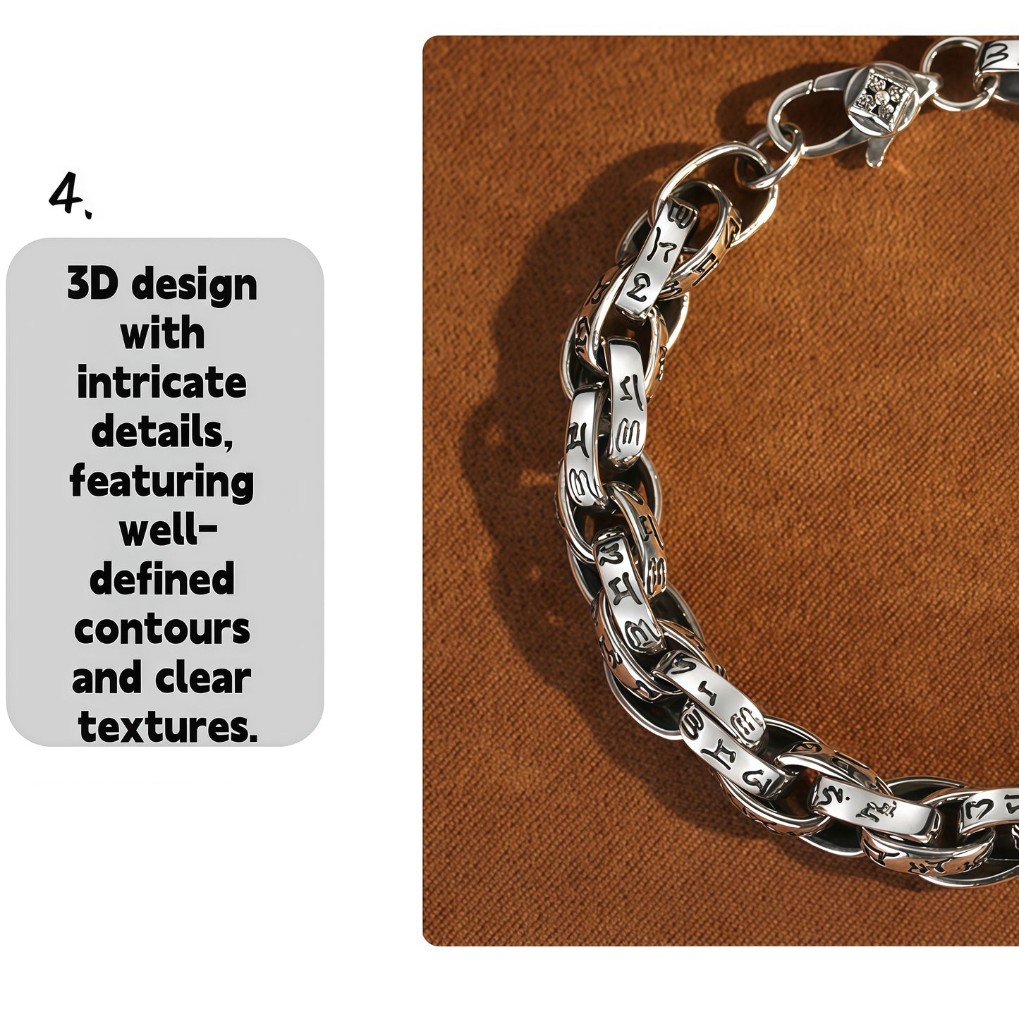 Antique Scroll Engraved Thick Curb Chain Bracelet For Men, Copper Plated Silver Oxidized Vintage Biker Punk Heavy Link Wrist Jewelry Gift