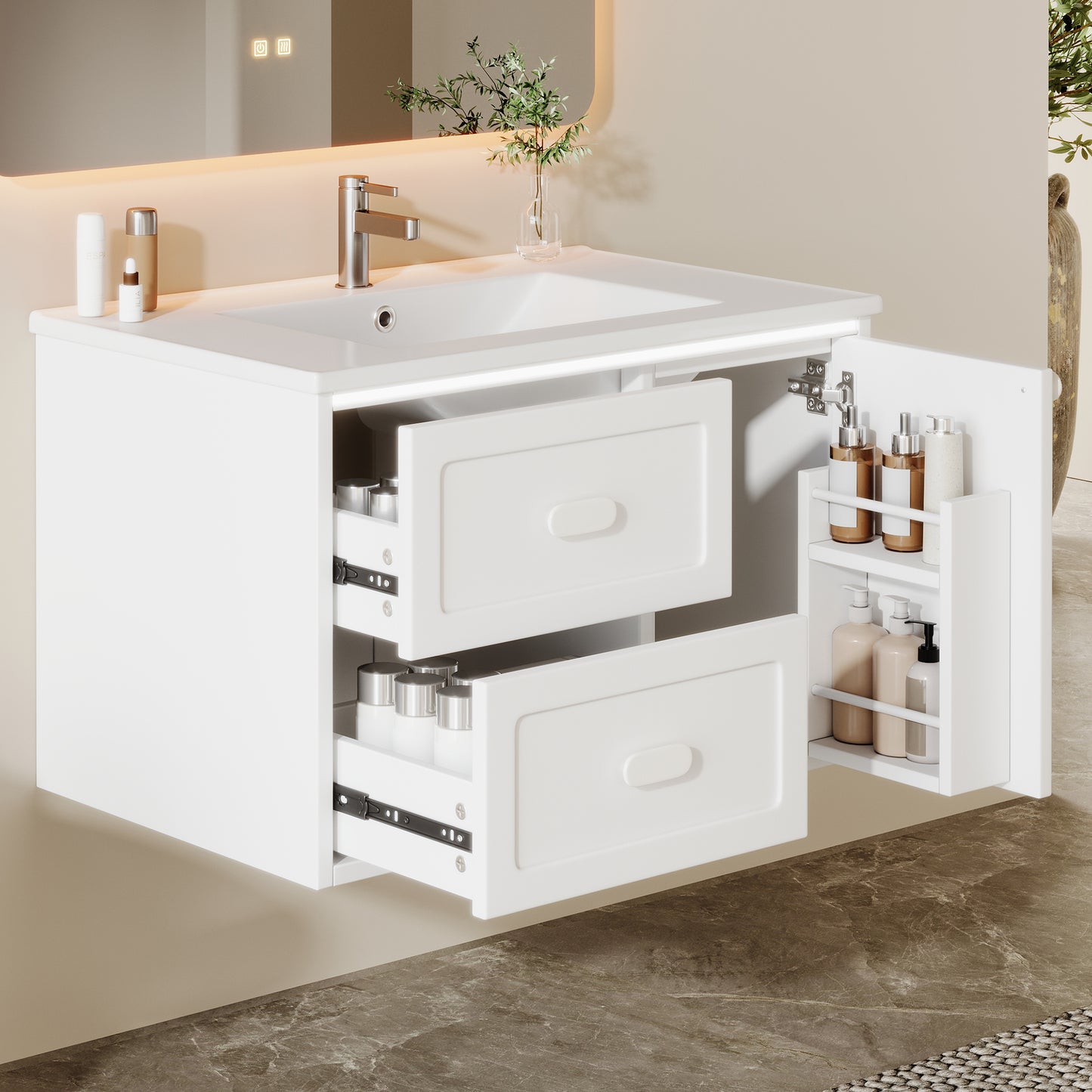 76x46x51cm Bathroom Wall Cabinet, Fully Painted, LED R Adar Sensor Lighting, Two Drawers, Quiet Sliding Rails, Integrated Washbasin, White