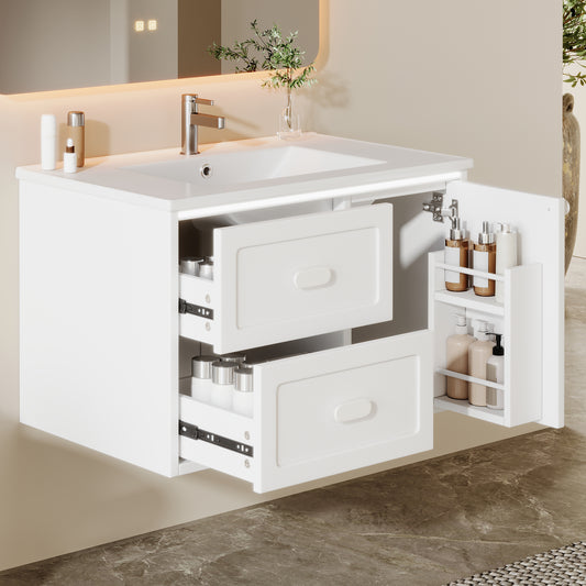 76x46x51cm Bathroom Wall Cabinet, Fully Painted, LED R Adar Sensor Lighting, Two Drawers, Quiet Sliding Rails, Integrated Washbasin, White