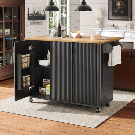 Kitchen Island, Dining Car With Wood Grain, Buffet, 130x45 X92cm, Pull-out Kitchen Trolley On Wheels With Towel Rail, Spice Rack, Dividers Adjustable, 3 Doors, White Black