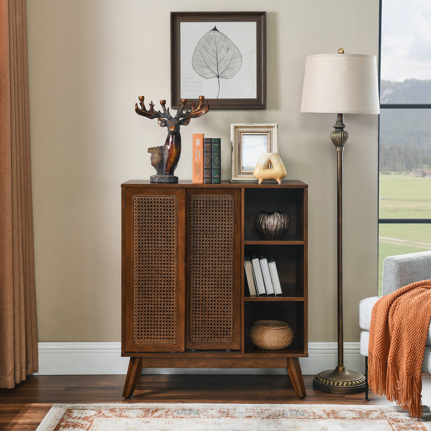 Mid Century Modern Rattan Sideboard Cabinet, Buffet Cabinet For Entryway Hallway Living Room Kitchen Dining Room, Adjustable Shelf & Solid Wood Feet & Rattan Cabinet Doors - Dark Wood