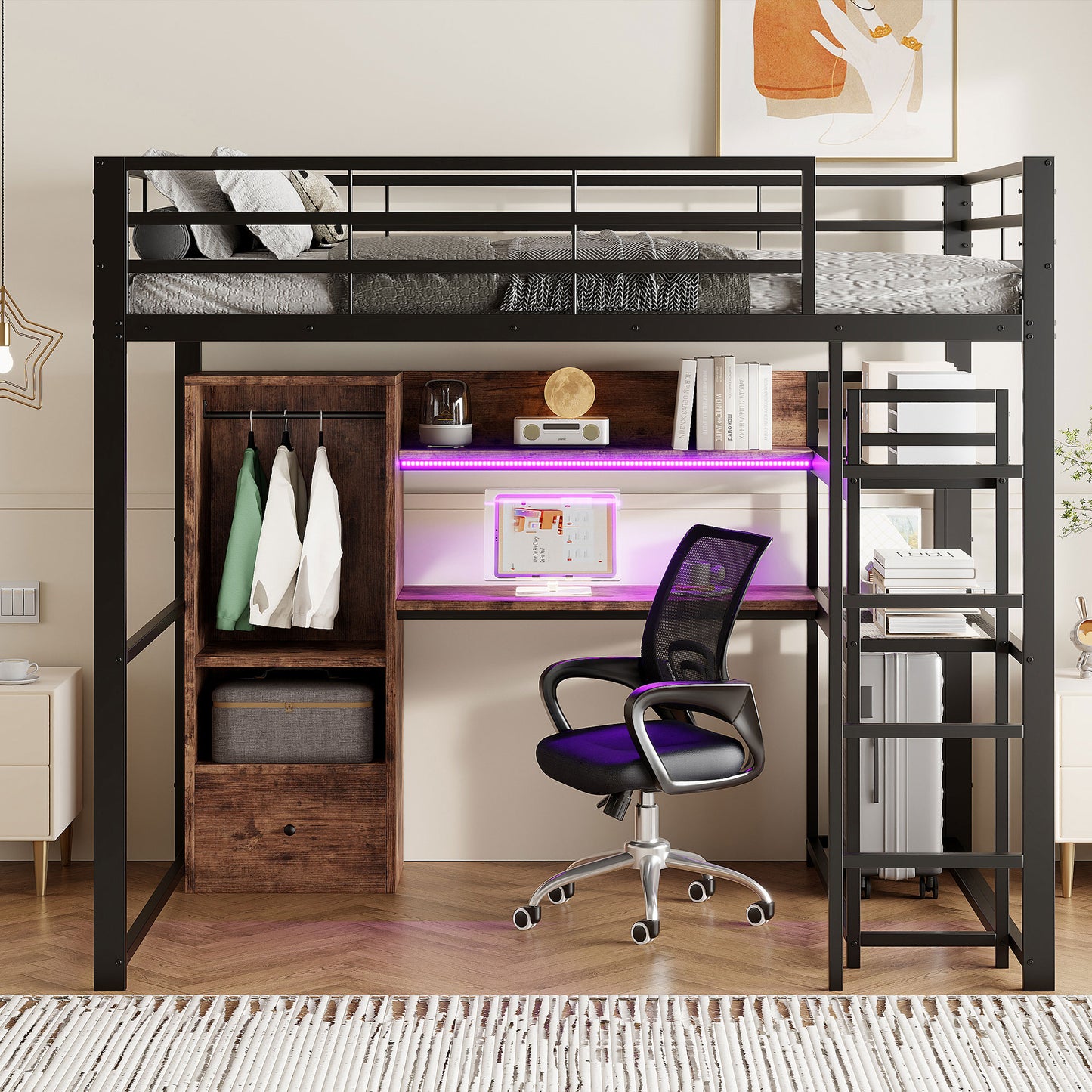 Loft Bed, 140x200cm , Metal Bed, With LED Lights, Desk, 1 Drawers, Shelves, Railings, Stairs, Without Mattress, Black