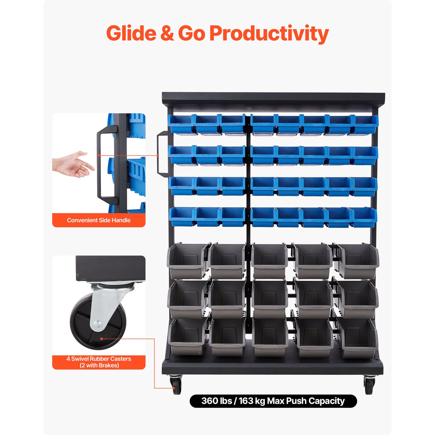 7-Tier Double-Sided Rolling Bin Storage Rack, 94 Plastic Bins, Dual-Sided Parts Organizer With Wheels, Mobile Tool Organizer For Garage, Warehouse, Office, Restaurant, Classroom, Kitchen