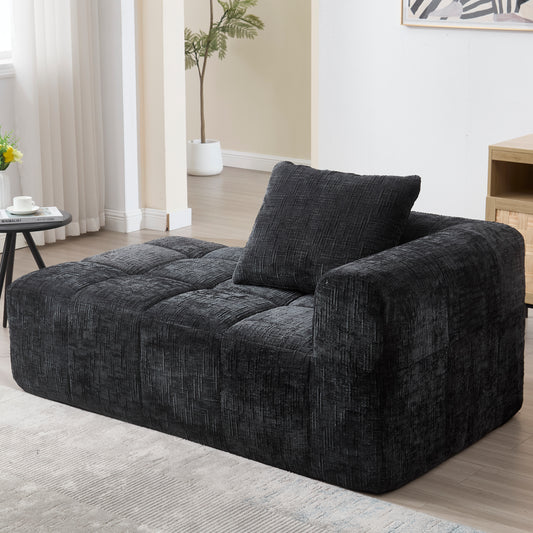 Comfortable Chaise Longue Sofa, No Assembly Required, Soft Sofa With Cushions, Side Pockets For Remote Control And Mobile Phone, Neat And Stylish, Black