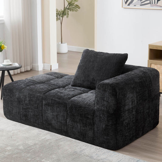 Comfortable Chaise Longue Sofa, No Assembly Required, Soft Sofa With Cushions, Side Pockets For Remote Control And Mobile Phone, Neat And Stylish, Black