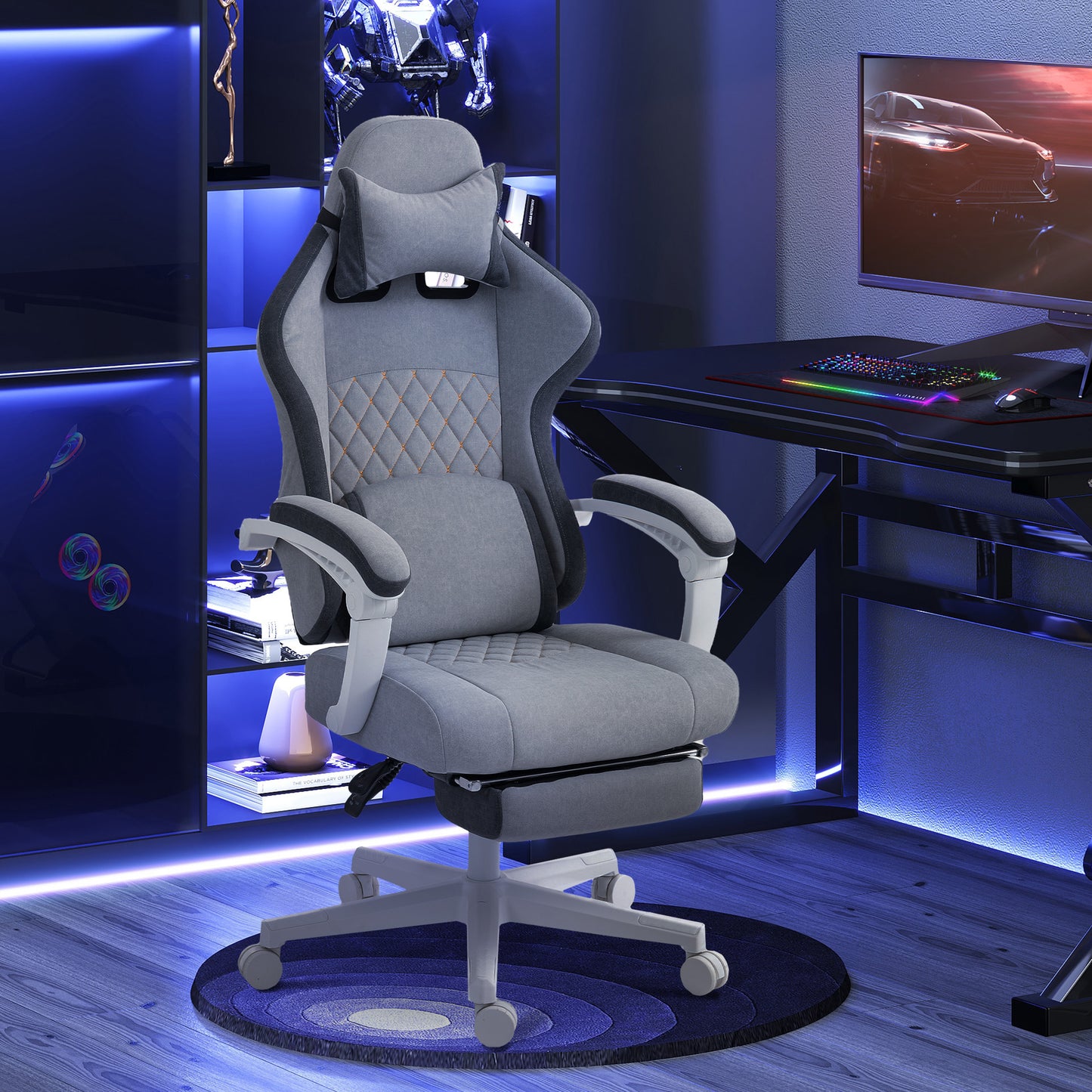 Ergonomic High Back Gaming Chair For Adults, Printed Velvet Computer Recliner Chair With Footrest, Lumbar Support, Adjustable Height And 360Swivel Seat For Office Or Gaming, Grey