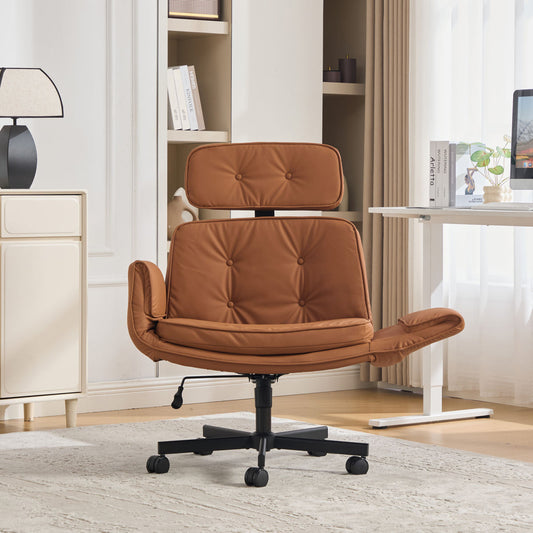 Criss Cross Chair With Adjustable Armrests & Wheels & Headrest, PU Lounge Vanity Desk Chair With Wide Seat For Cross-Legged Sitting, Swivel Task Office Chairs For Home, Makeup, Gaming, Office, Brown