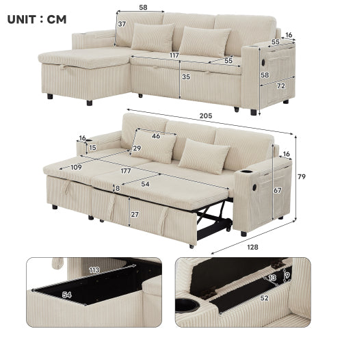 3 In 1 Convertible Corduroy Sofa Bed With Storage Chaise, L Shaped Sleeper Sofa Couches With Armrest Storage And Charging Station. Pullout Sectional Daybed For Living RoomBedroomOffice, Grey