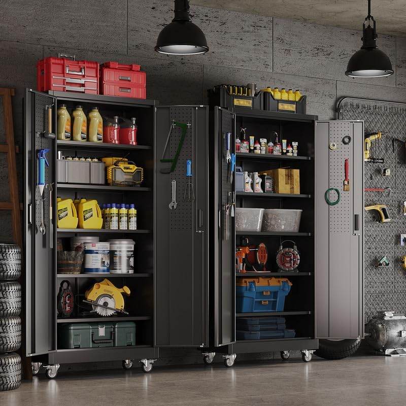 Aobabo Metal Storage Cabinet With Wheels And Door Pegboard Garage And Business Storage For Tools And Office Supplies 5 Adjustable Shelves, Lockable Black Cabinet