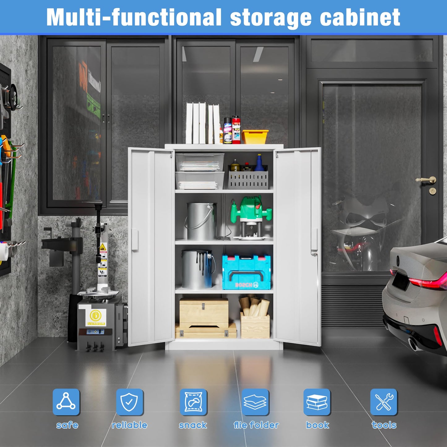 Metal Garage Storage Cabinet, Lockable Steel Storage Cabinet With 3 Adjustable Shelves For Garage, Office, Home, Assembly Required, White