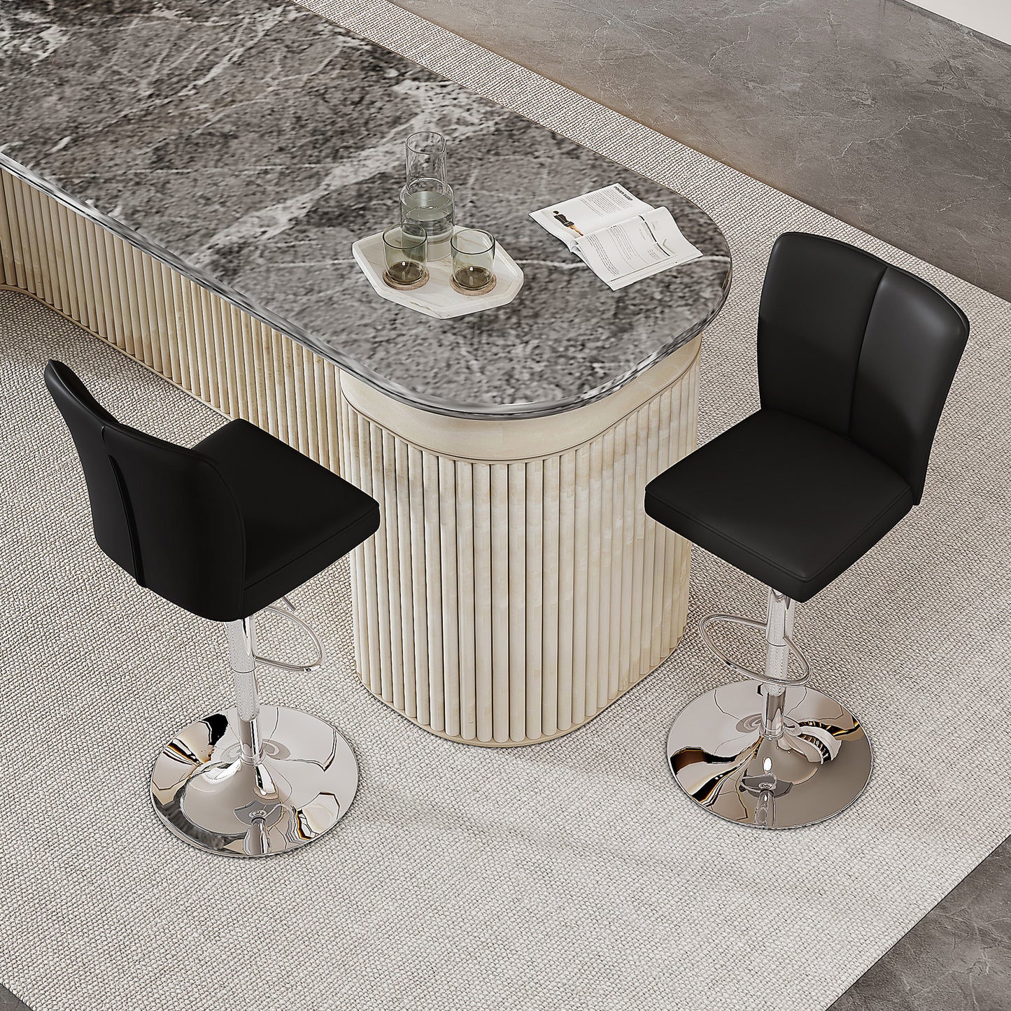 Height-adjustable Bar Stool In A Set Of 2, Can Be Rotated 360 . Luxurious Bar Stool In Black And Silver Design Made Of Water-repellent PU Leather, Suitable For Kitchen Islands. Various Colors Availabl
