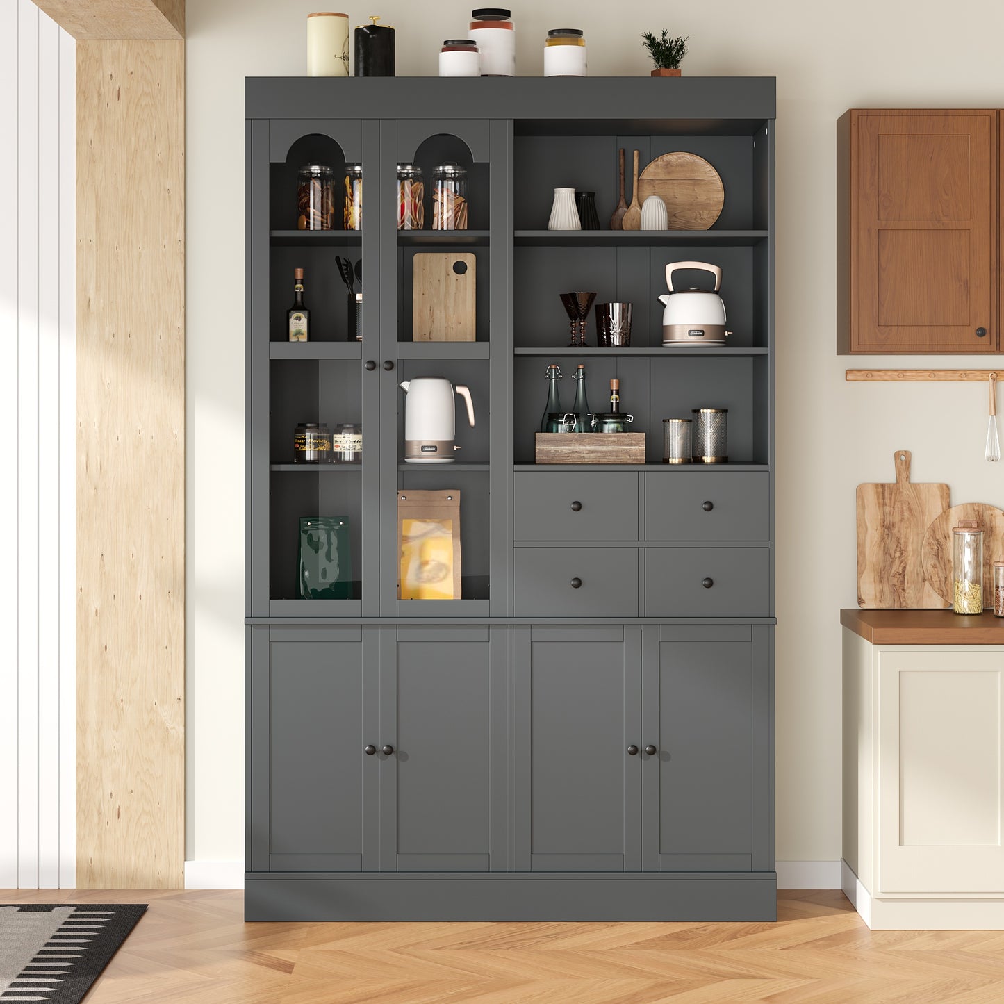 TOPMAx 47.2x15.7x75inch Freestanding Buffet With Hutch  Tall Kitchen Pantry Cabinet With 4 Drawers  Door Shelves And Pull- Out Trays For Dining Room  Living Room  Gray